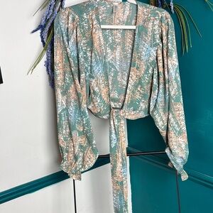 mahina Teal and Tan Printed Tie-Front Blouse